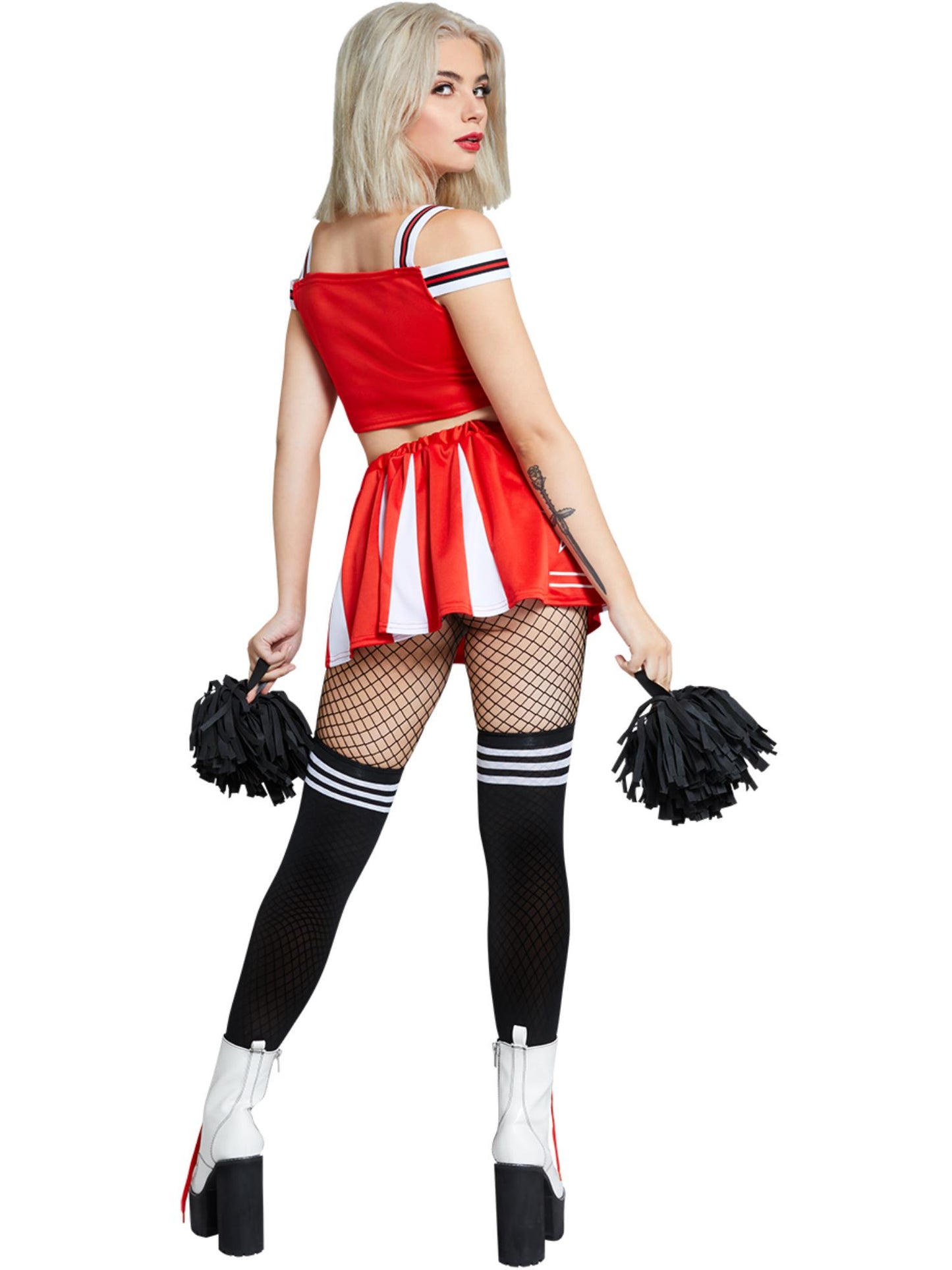 Disfraz de animadora diablilla de Fever, rojo y blanco, con camiseta, falda, calcetines y pompones