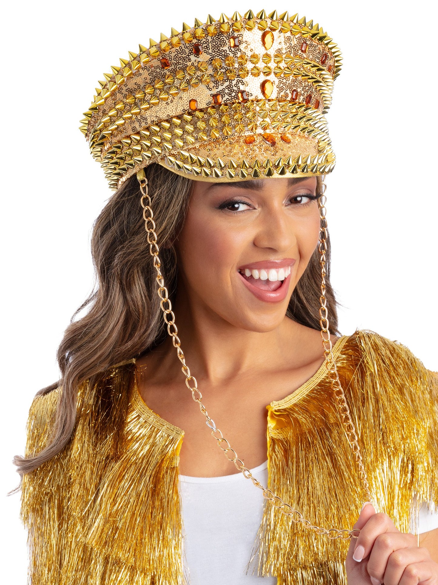 Fever-Deluxe-Kapitänsmütze mit Pailletten, Gold, mit Kette