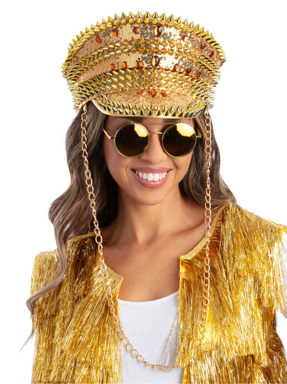 Fever-Deluxe-Kapitänsmütze mit Pailletten, Gold, mit Kette