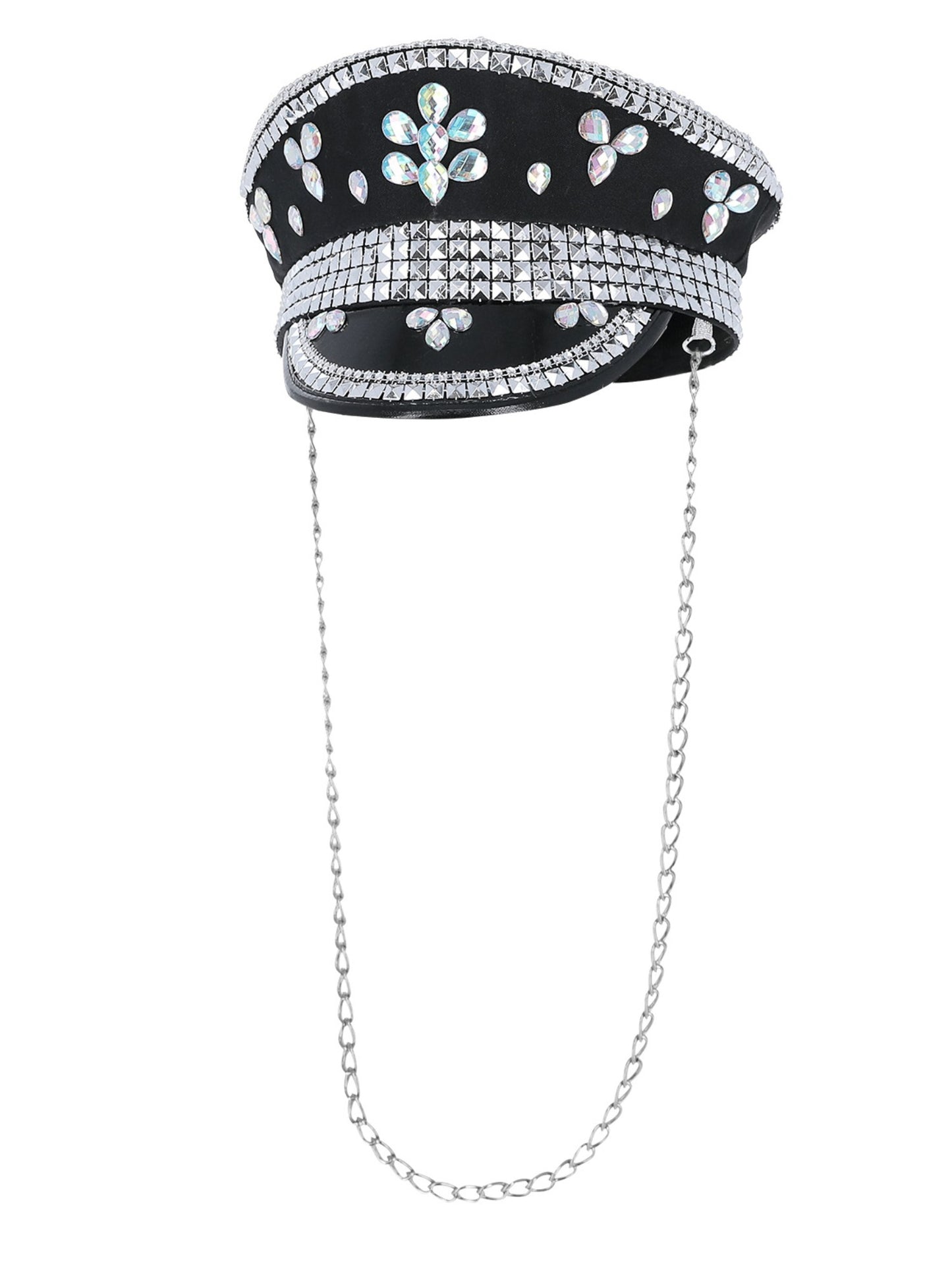 Sombrero de capitán Fever Deluxe con adornos de lentejuelas, negro, con cadena