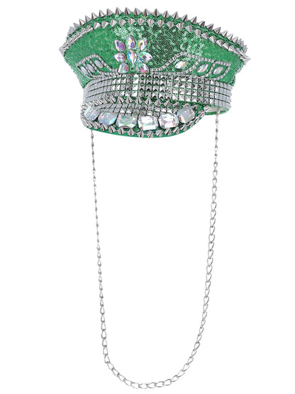 Fever Deluxe Sequin Studded Captains Hat, Green  Wholesale