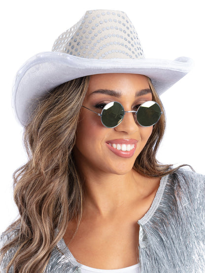 LED-beleuchteter Pailletten-Cowgirl-Hut, Silber