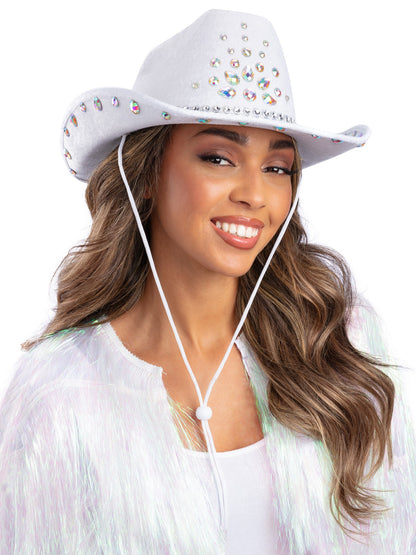 Weißer Strass-Cowgirl-Hut, Silberne Juwelen