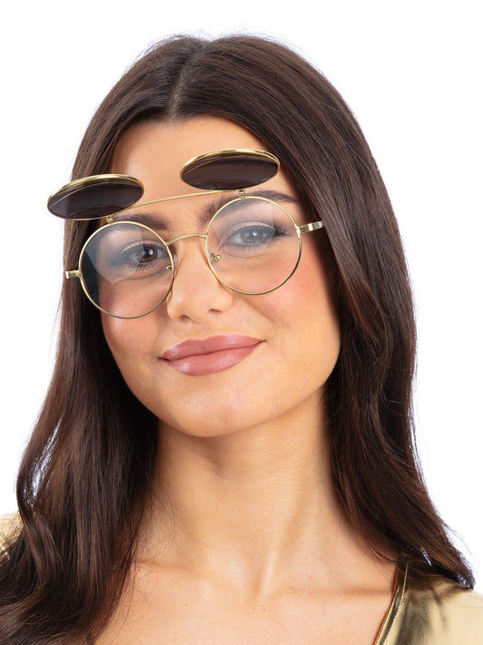 Metallic Gold Flip Up Mirrored Round Specs  Wholesale