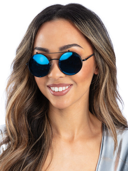 Metallic Blue Flip Up Mirrored Round Specs  Wholesale