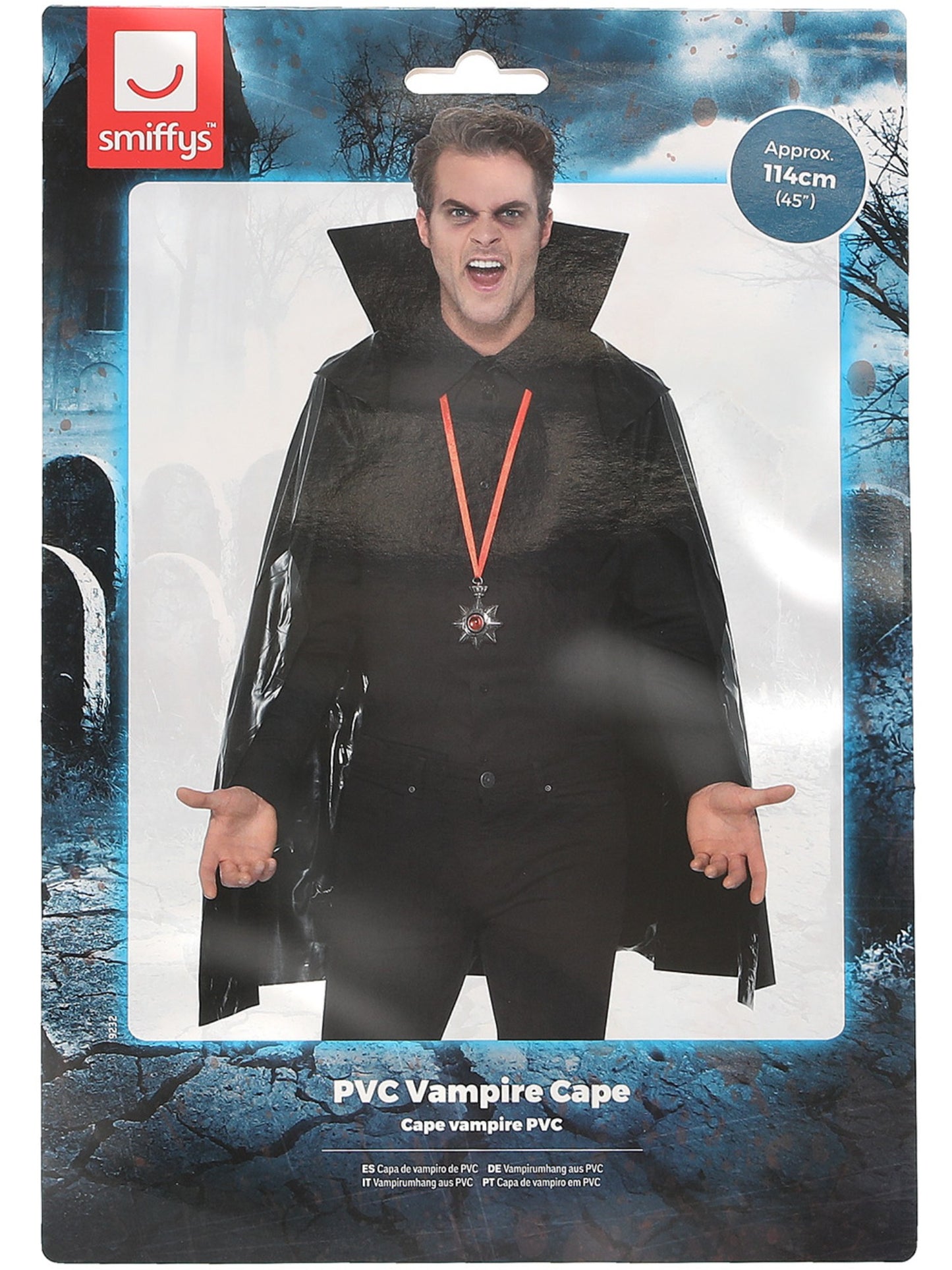 Capa de vampiro de PVC, Negra, con cuello rígido, 114cm